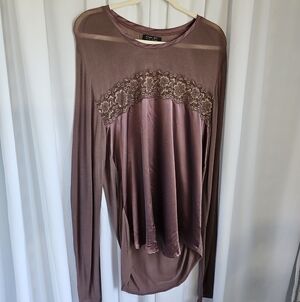 Midnight by Carole Hochman Mauve Long Sleeve Satin & Lace Pajama Top-Size Large